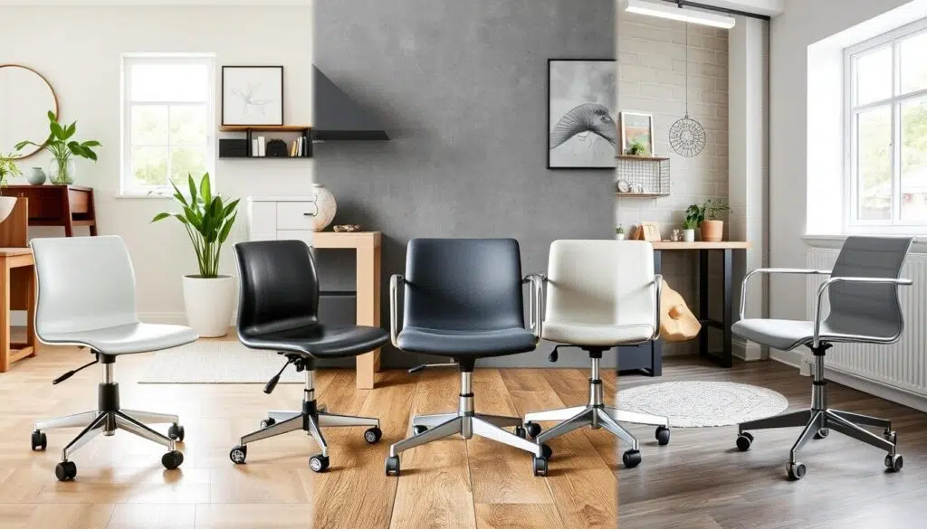 Diverse stoelen met wieltjes in verschillende interieurstijlen