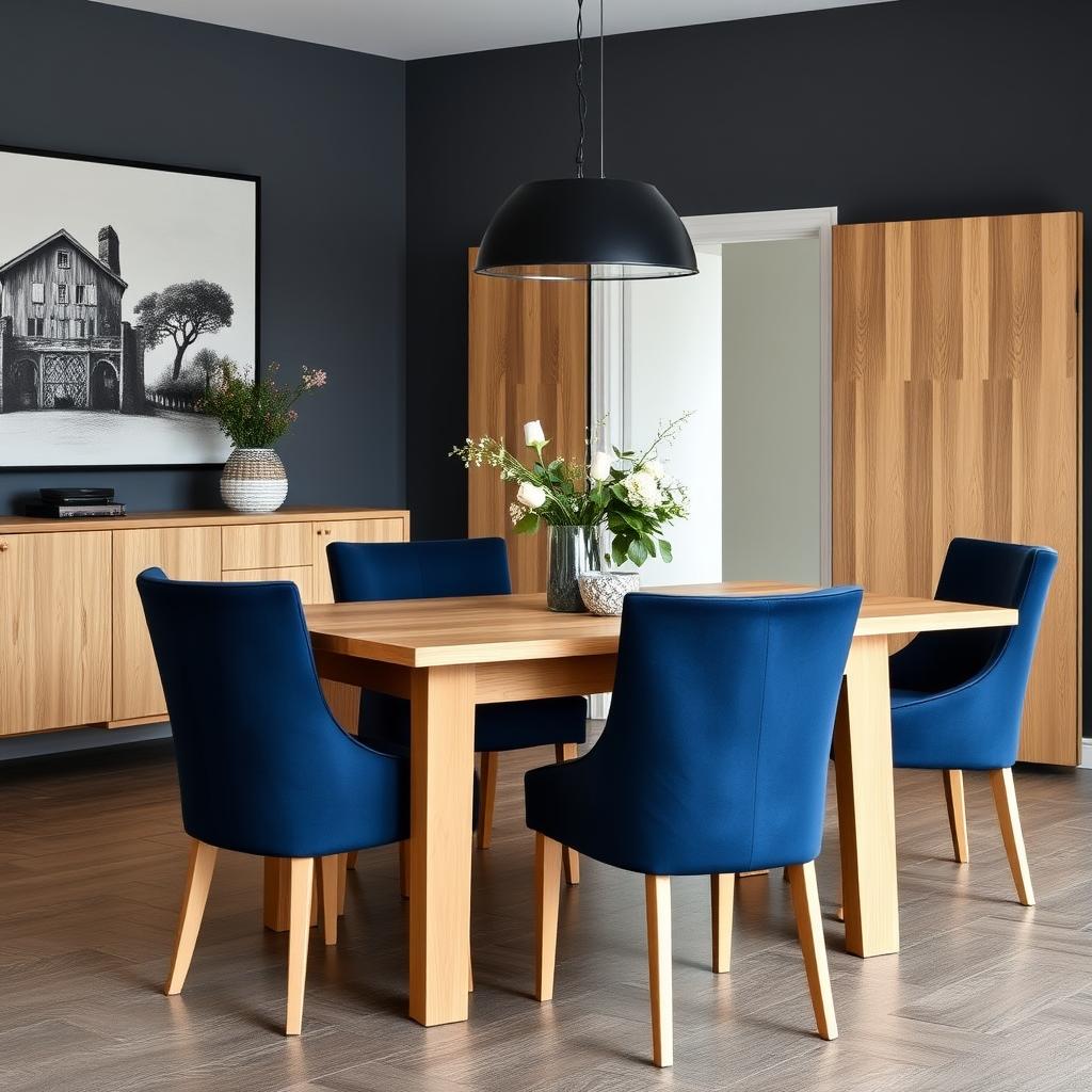 Donkerblauwe stoelen bij een lichte eikenhouten eettafel voor een sterk contrast Donkerblauwe stoelen bij een lichte eikenhouten eettafel voor een sterk contrast