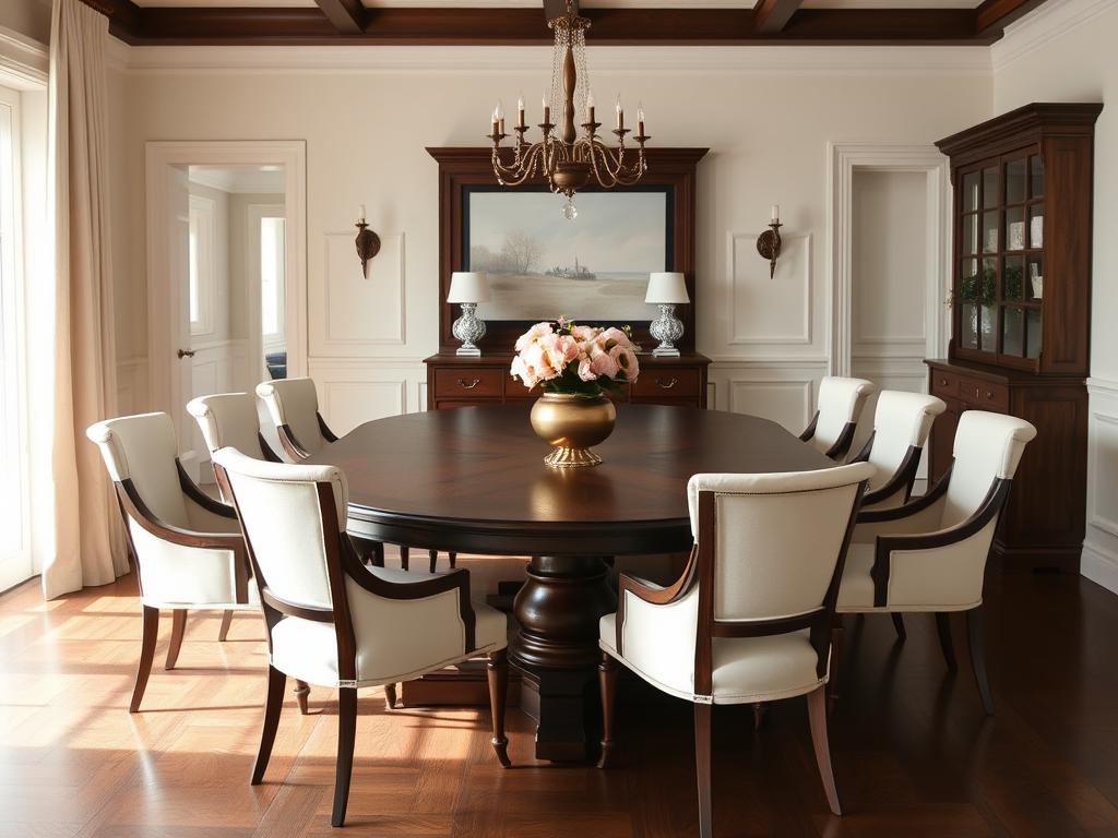 Donkere eikenhouten tafel met crèmekleurige stoelen Donkere eikenhouten tafel met crèmekleurige stoelen