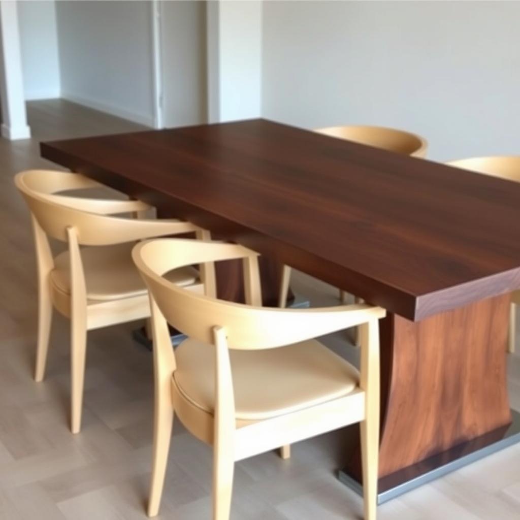 Donkere walnoot tafel met lichte eetkamerstoelen voor contrast Donkere walnoot tafel met lichte eetkamerstoelen voor contrast