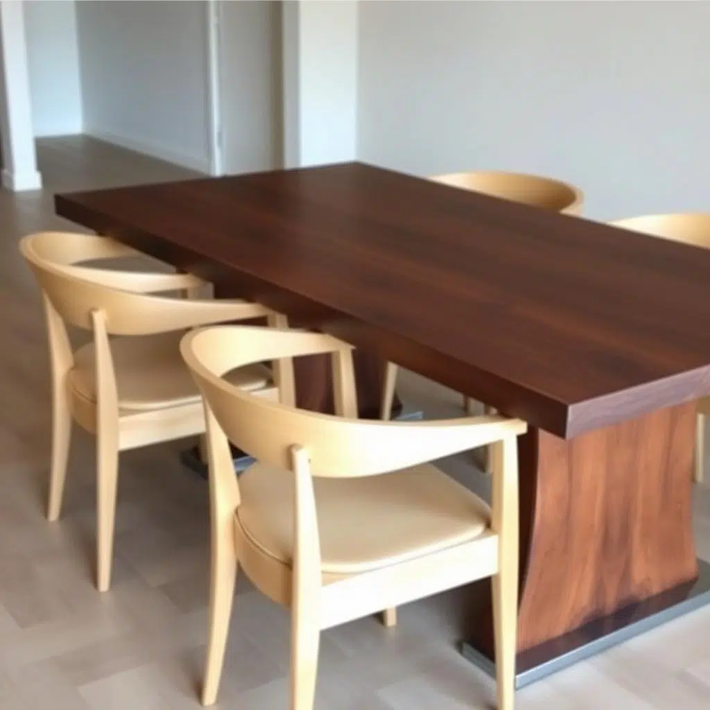 Donkere walnoot tafel met lichte eetkamerstoelen voor contrast Donkere walnoot tafel met lichte eetkamerstoelen voor contrast