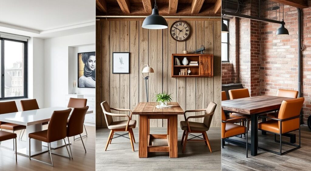 Drie verschillende interieurstijlen met bruine stoelen en passende tafels Drie verschillende interieurstijlen met bruine stoelen en passende tafels