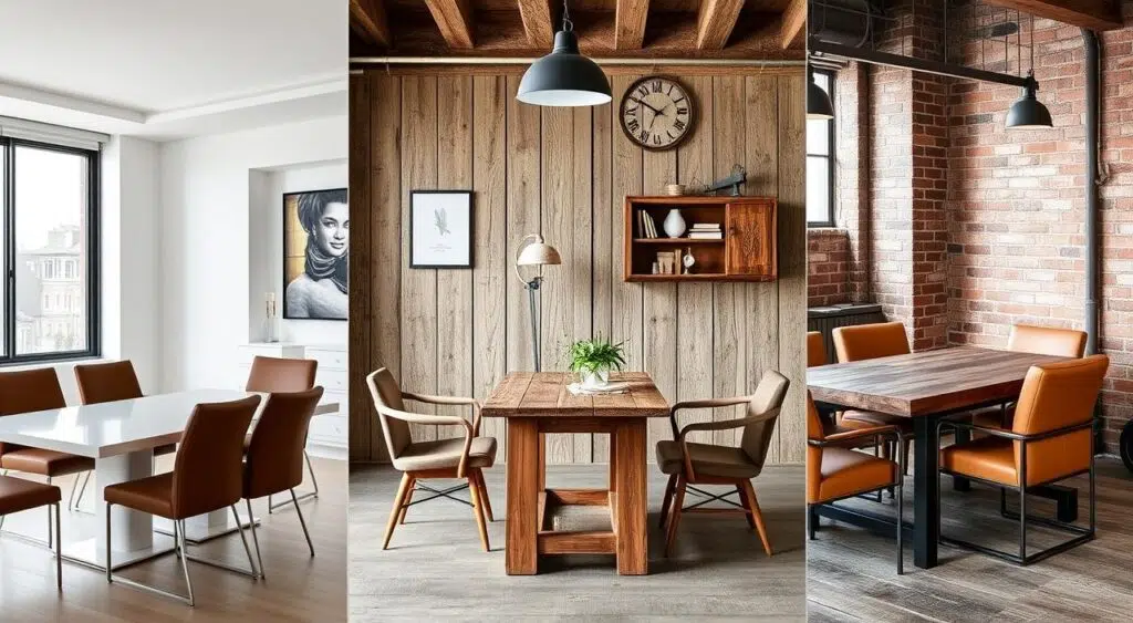 Drie verschillende interieurstijlen met bruine stoelen en passende tafels Drie verschillende interieurstijlen met bruine stoelen en passende tafels
