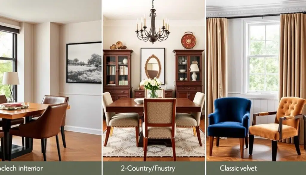 Drie verschillende interieurstijlen met passende eetkamerstoelen: modern, landelijk en klassiek Drie verschillende interieurstijlen met passende eetkamerstoelen: modern, landelijk en klassiek
