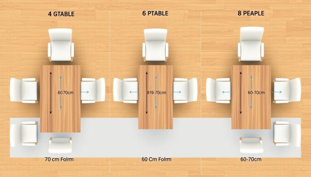 Drie verschillende tafelopstellingen voor 4, 6 en 8 personen met correcte ruimte tussen eetkamerstoelen Drie verschillende tafelopstellingen voor 4, 6 en 8 personen met correcte ruimte tussen eetkamerstoelen