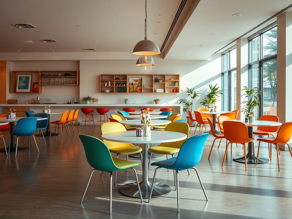 Dynamische eetkamer met verschillende eetkamerstoelen in contrasterende kleuren en vormen