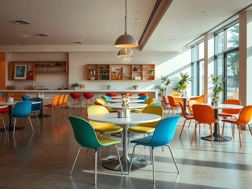Dynamische eetkamer met verschillende eetkamerstoelen in contrasterende kleuren en vormen Dynamische eetkamer met verschillende eetkamerstoelen in contrasterende kleuren en vormen