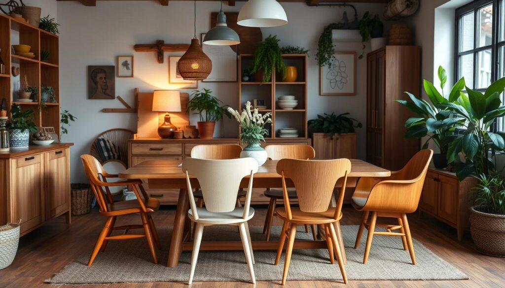Eclectische eetkamer met houten tafel en verschillende eetkamerstoelen in contrasterende houttinten Eclectische eetkamer met houten tafel en verschillende eetkamerstoelen in contrasterende houttinten