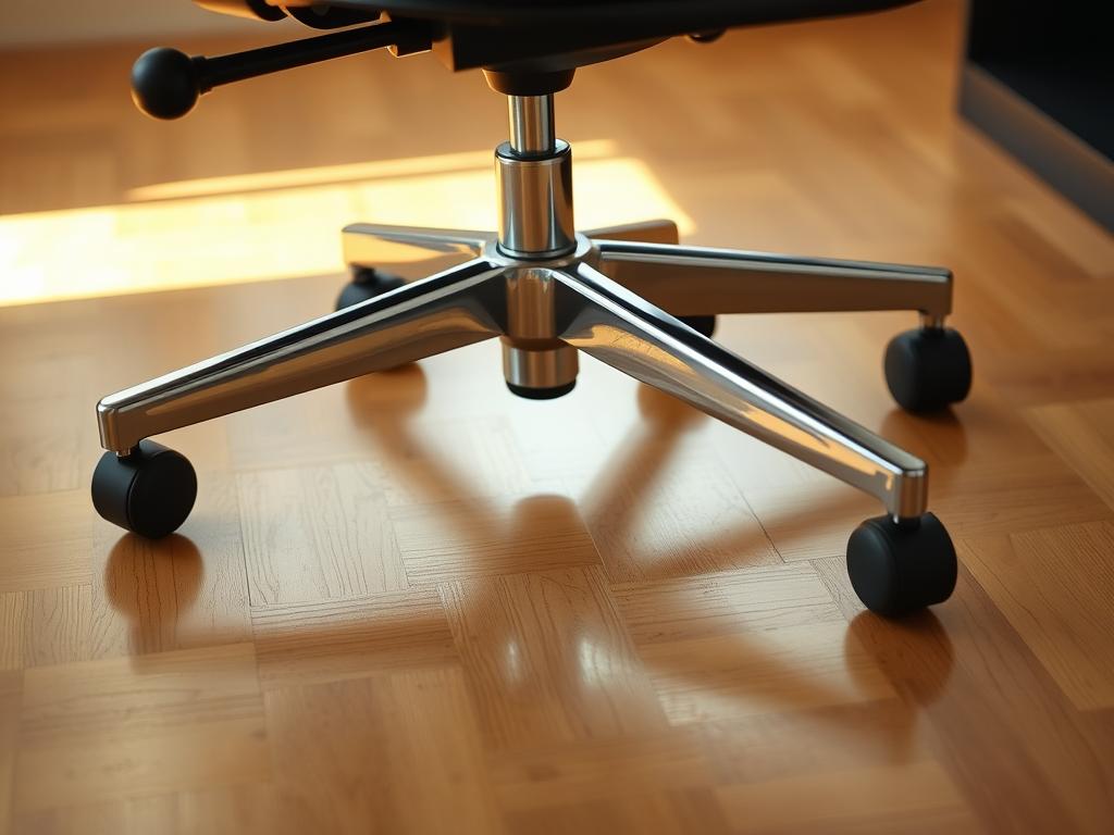 Een bureaustoel met wielen op een houten vloer, waarbij de wielen onder stoel duidelijk zichtbaar zijn Een bureaustoel met wielen op een houten vloer, waarbij de wielen onder stoel duidelijk zichtbaar zijn