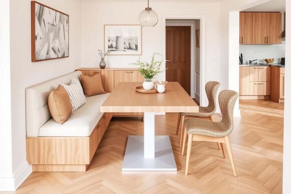 Een eethoek met een tafel van 260 cm en een eetkamerbank tegen de muur Een eethoek met een tafel van 260 cm en een eetkamerbank tegen de muur