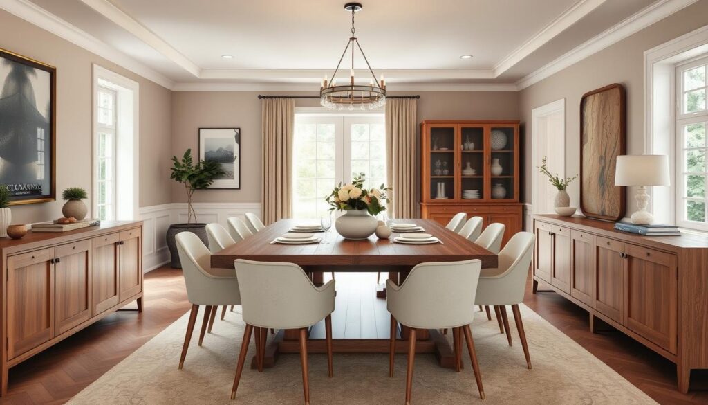 Een elegante eethoek met een tafel van 260 cm in een ruim opgezette eetkamer Een elegante eethoek met een tafel van 260 cm in een ruim opgezette eetkamer