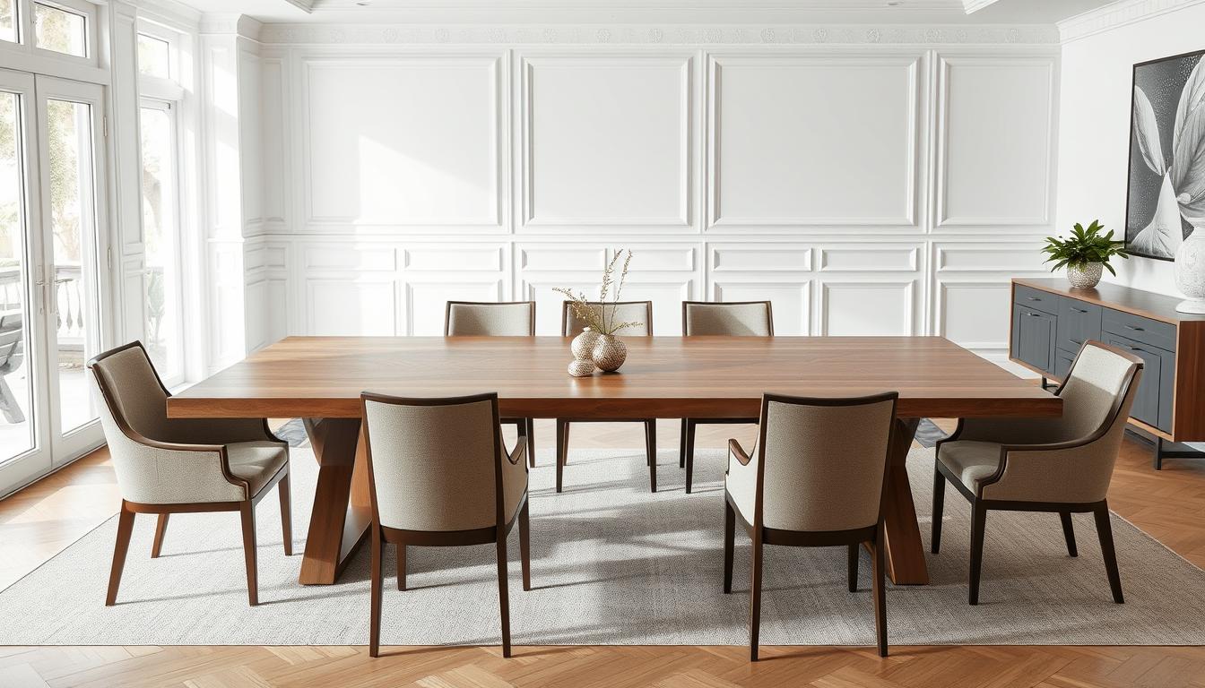 Een elegante rechthoekige eettafel van 260 cm met stoelen eromheen in een lichte eetkamer