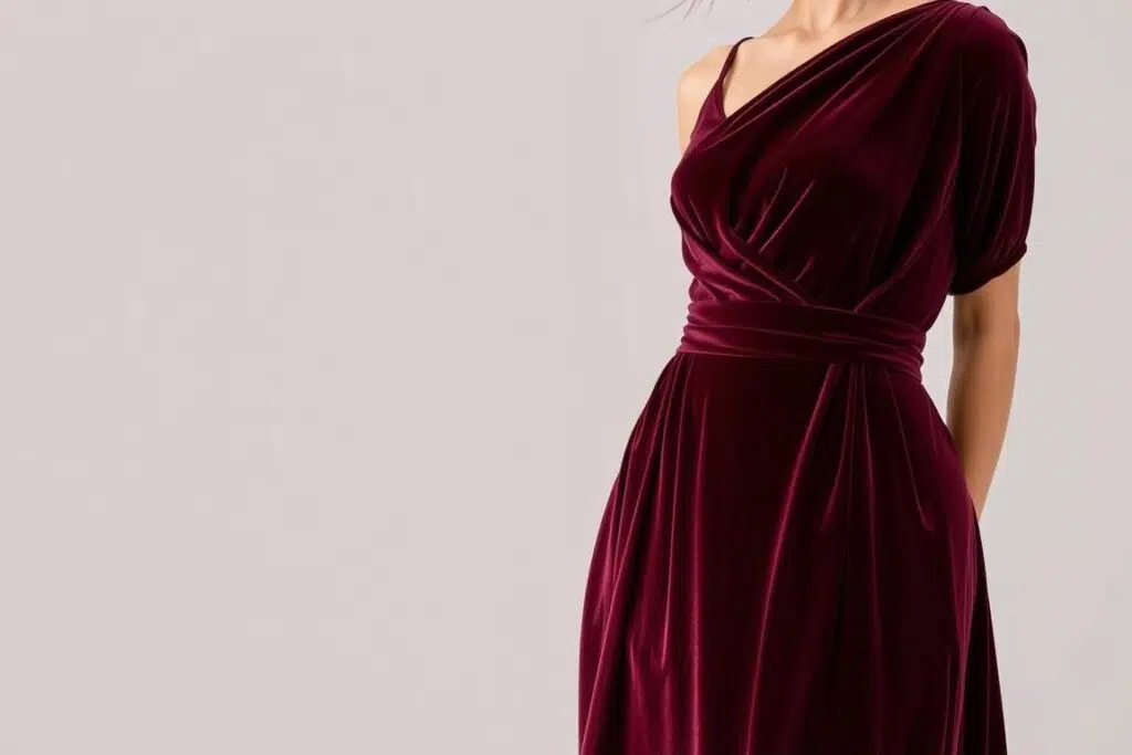 Een elegante velvet avondjurk die de rijke textuur en glans van de stof toont Een elegante velvet avondjurk die de rijke textuur en glans van de stof toont