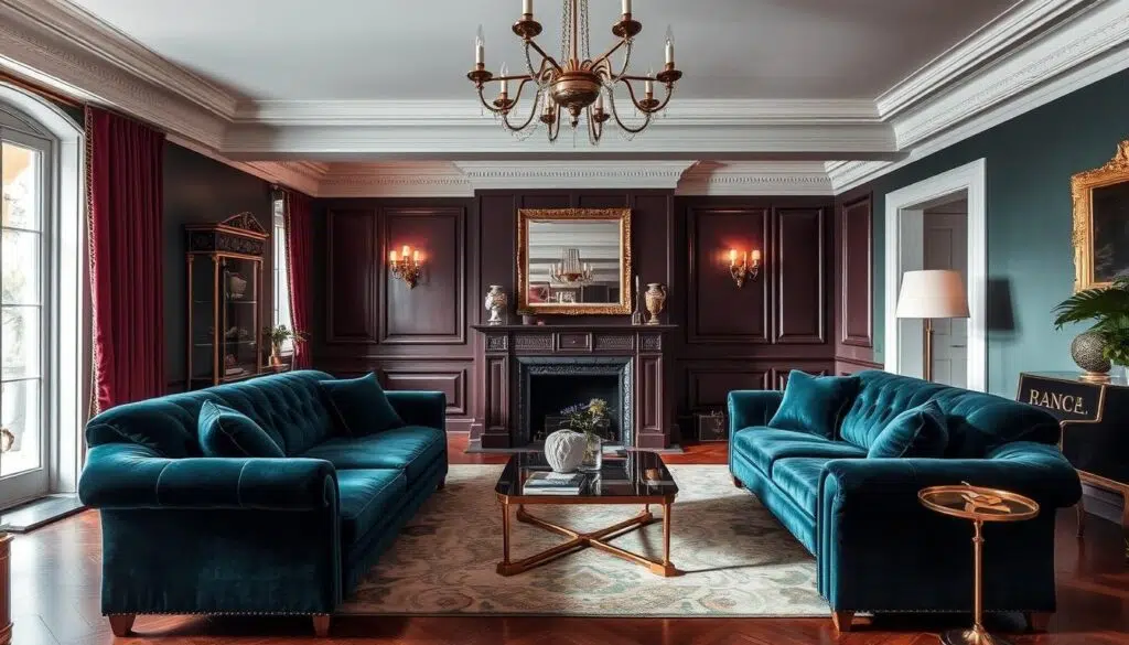 Een elegante woonkamer met velvet meubels die de luxe uitstraling van de stof tonen Een elegante woonkamer met velvet meubels die de luxe uitstraling van de stof tonen