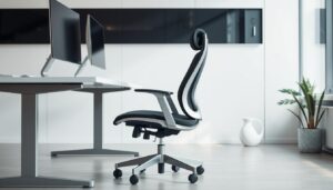 Een ergonomisch ingerichte werkplek met een bureaustoel met wieltjes