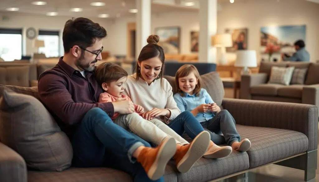 Een familie in een meubelwinkel