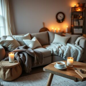 Een gezellige Scandinavische woonkamer met kaarsen, een comfortabele bank en warme dekens die de hygge-sfeer typisch Scandinavisch illustreren