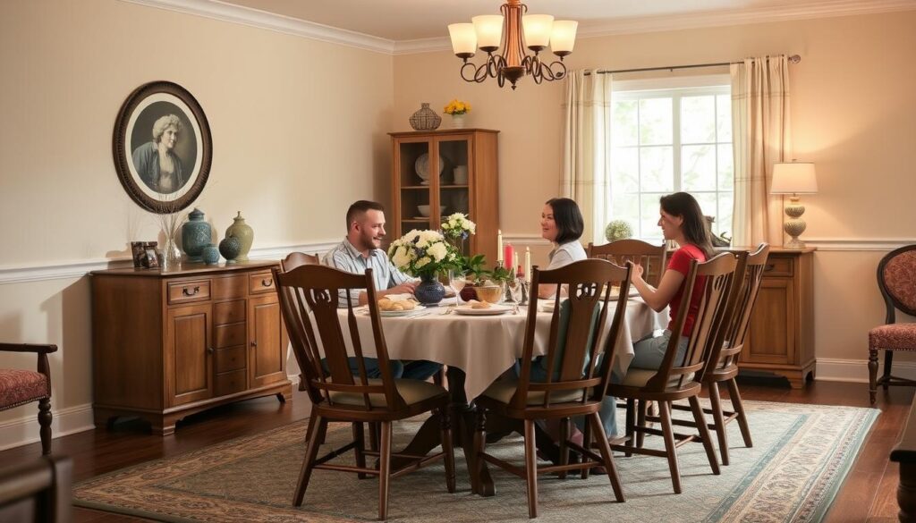 Een gezellige eetkamer met goed onderhouden eetkamerstoelen rond een tafel Een gezellige eetkamer met goed onderhouden eetkamerstoelen rond een tafel