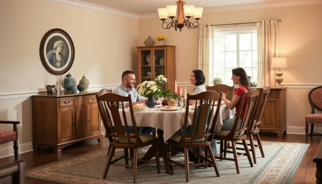 Een gezellige eetkamer met goed onderhouden eetkamerstoelen rond een tafel Een gezellige eetkamer met goed onderhouden eetkamerstoelen rond een tafel
