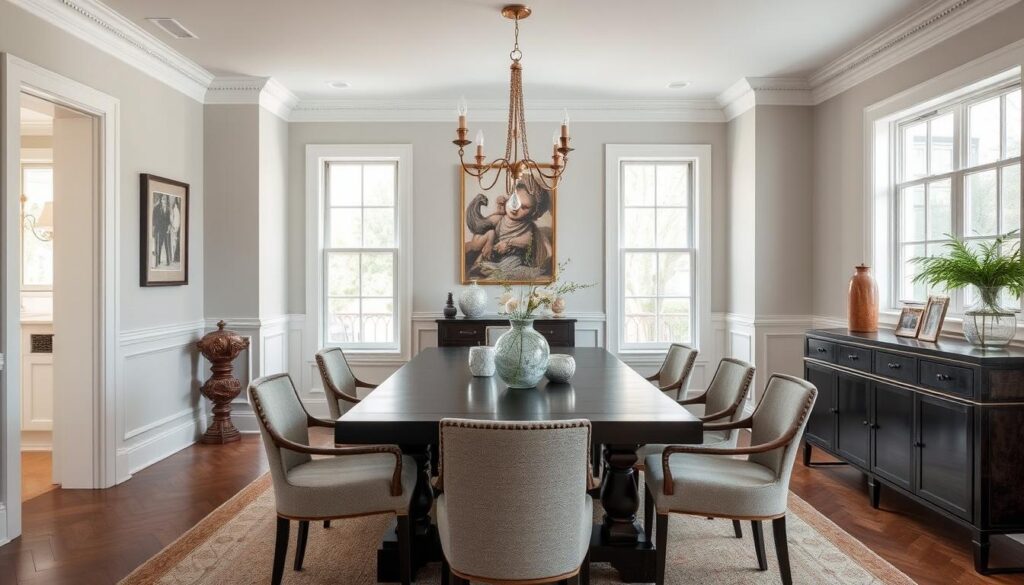 Een harmonieus ingerichte eetkamer met donkere tafel en perfect passende stoelen Een harmonieus ingerichte eetkamer met donkere tafel en perfect passende stoelen