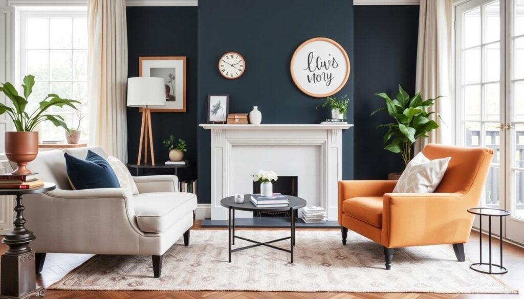 Een harmonieuze woonkamer met twee verschillende stoelen die perfect samengaan door zorgvuldige styling Een harmonieuze woonkamer met twee verschillende stoelen die perfect samengaan door zorgvuldige styling