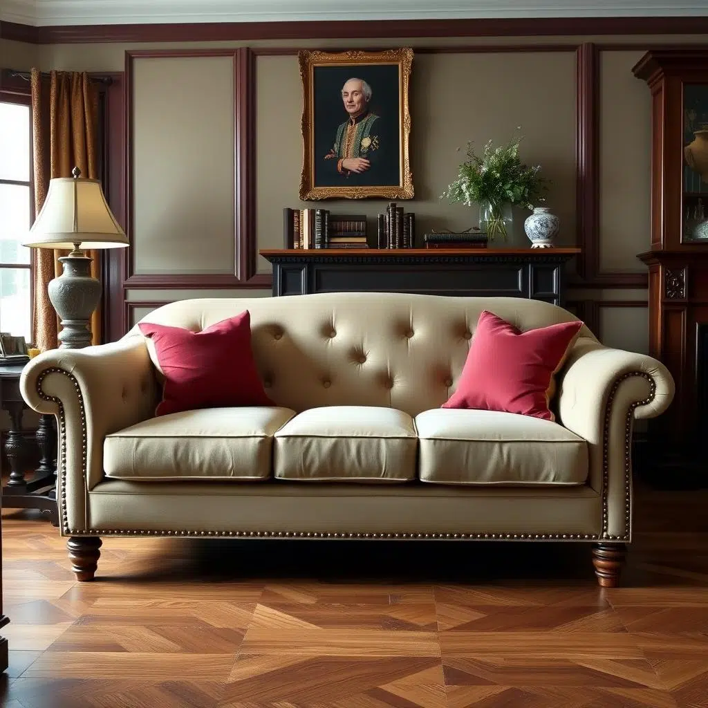 Een klassieke bankstel met siernagels en houten poten in een traditioneel interieur Een klassieke bankstel met siernagels en houten poten in een traditioneel interieur
