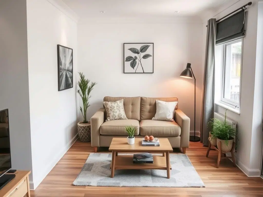 Een kleine woonkamer met een compacte 2-zitsbank Een kleine woonkamer met een compacte 2-zitsbank