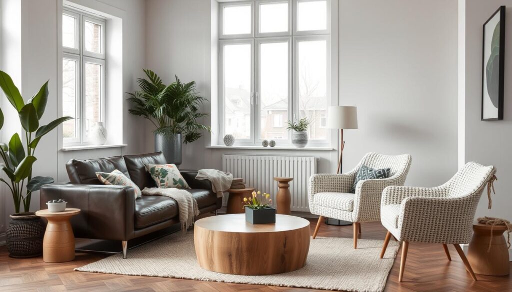 Een leren bank naast een gebreide fauteuil in een woonkamer setting Een leren bank naast een gebreide fauteuil in een woonkamer setting