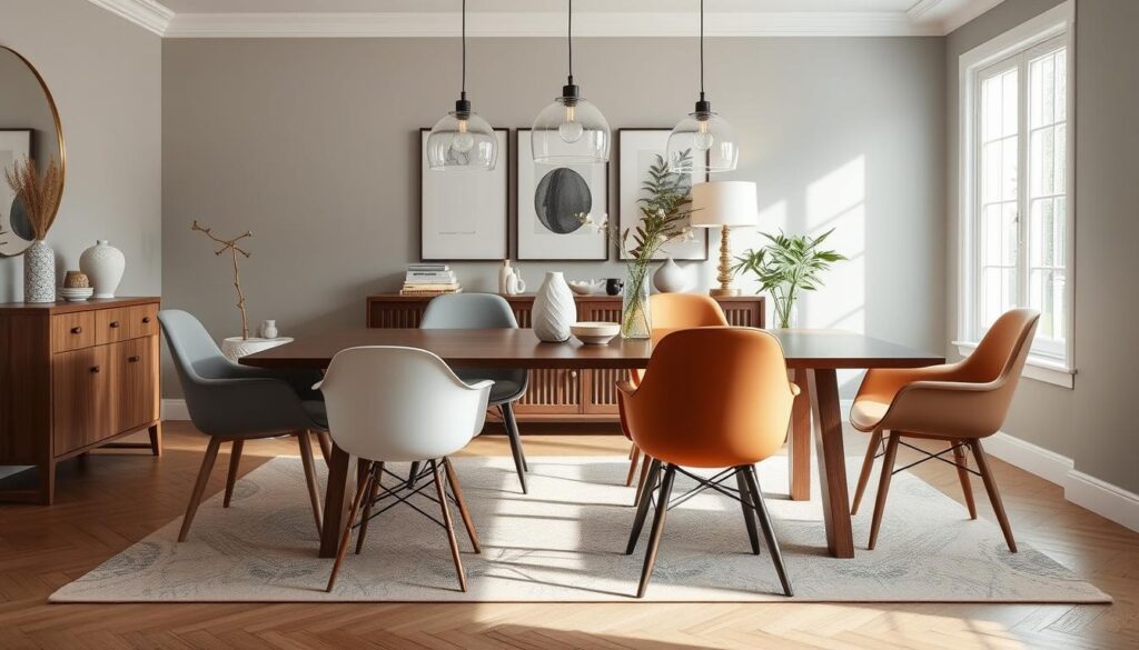 Een mix van eetkamerstoelen met en zonder armsteunen rond een eettafel Een mix van eetkamerstoelen met en zonder armsteunen rond een eettafel