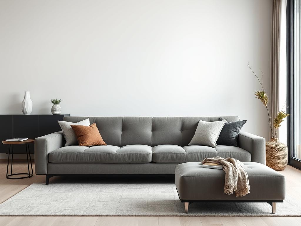 Een moderne bank in een strakke woonkamer met minimalistische inrichting Een moderne bank in een strakke woonkamer met minimalistische inrichting