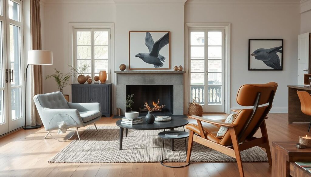 Een moderne fauteuil gecombineerd met een vintage leunstoel in een woonkamer Een moderne fauteuil gecombineerd met een vintage leunstoel in een woonkamer