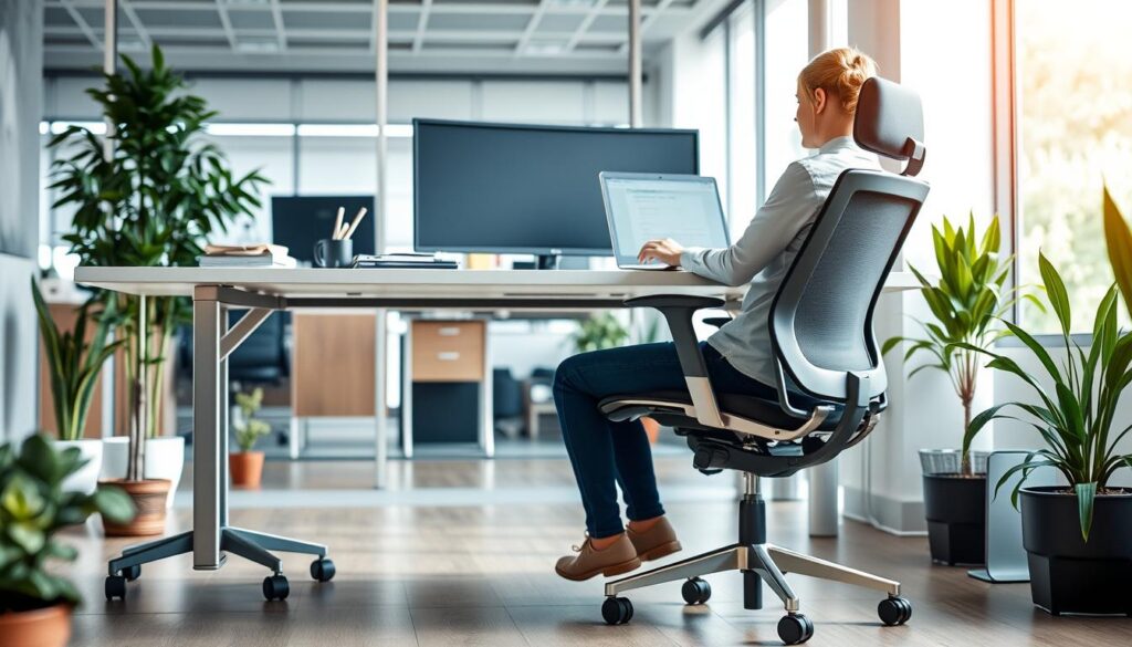 Een persoon die comfortabel werkt op een ergonomische bureaustoel met wieltjes Een persoon die comfortabel werkt op een ergonomische bureaustoel met wieltjes