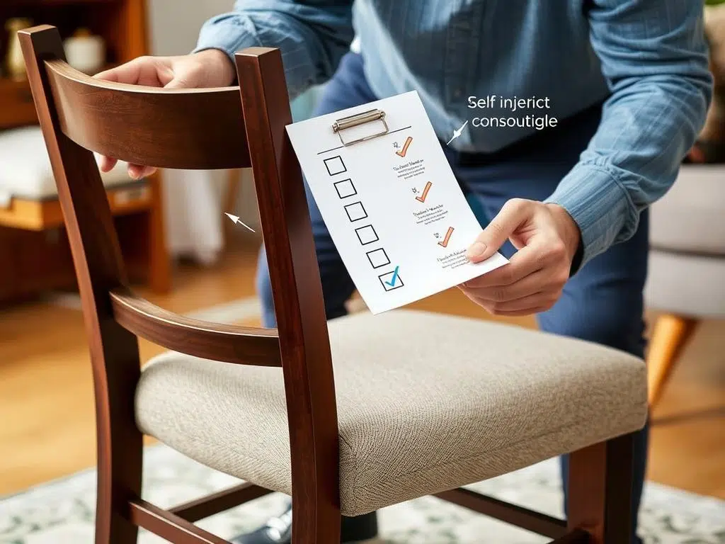 Een persoon die een eetkamerstoel inspecteert met een checklist in de hand, relevant voor het bepalen van hoe lang eetstoelen meegaan Een persoon die een eetkamerstoel inspecteert met een checklist in de hand, relevant voor het bepalen van hoe lang eetstoelen meegaan