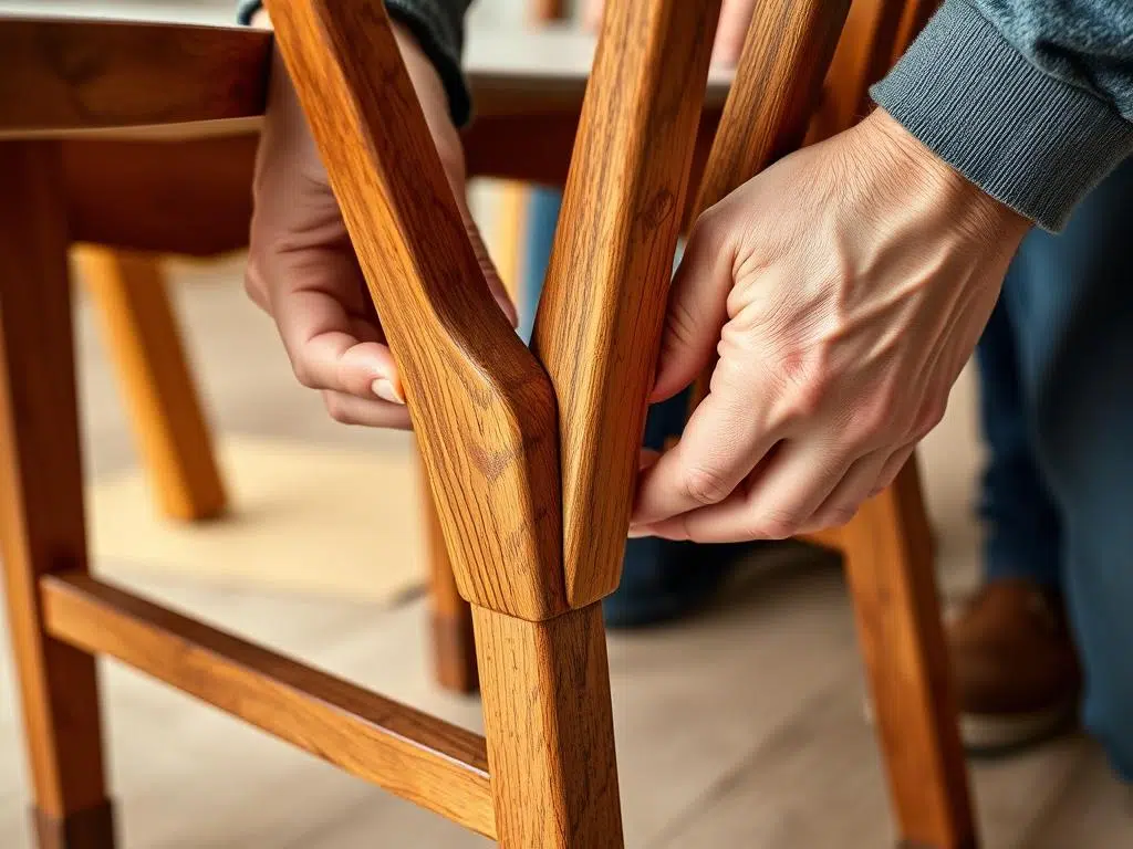 Een persoon die een houten eetkamerstoel inspecteert op kwaliteit en constructie, wat belangrijke factoren zijn die bepalen hoe lang eetkamerstoelen meegaan Een persoon die een houten eetkamerstoel inspecteert op kwaliteit en constructie, wat belangrijke factoren zijn die bepalen hoe lang eetkamerstoelen meegaan