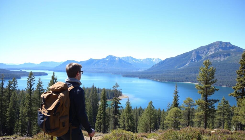 Een persoon die geniet van friluftsliv in een typisch Scandinavisch landschap met bossen en meren Een persoon die geniet van friluftsliv in een typisch Scandinavisch landschap met bossen en meren