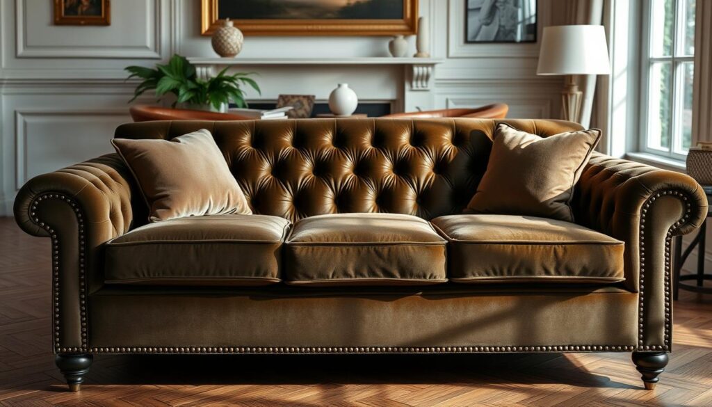 Een prachtig onderhouden velvet bank in een stijlvol interieur Een prachtig onderhouden velvet bank in een stijlvol interieur