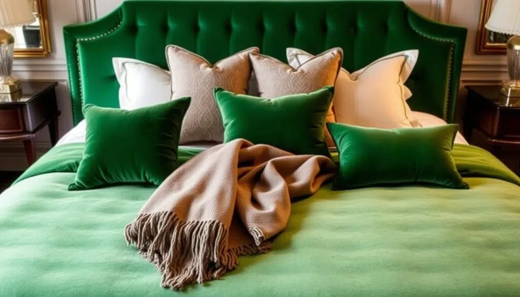 Een prachtig onderhouden velvet bed in een stijlvolle slaapkamer Een prachtig onderhouden velvet bed in een stijlvolle slaapkamer