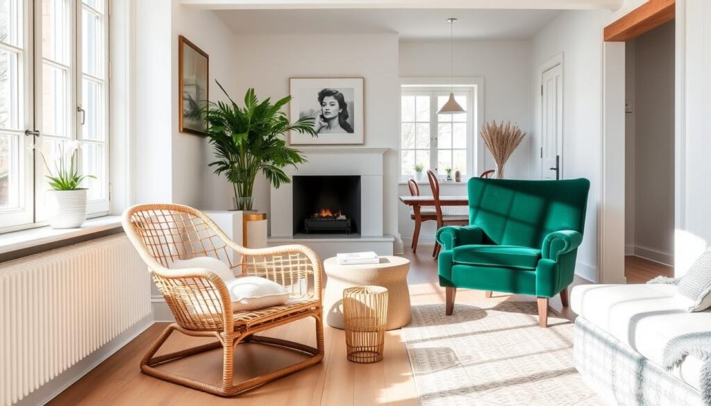 Een rotan stoel naast een fluwelen fauteuil in een lichte woonkamer Een rotan stoel naast een fluwelen fauteuil in een lichte woonkamer