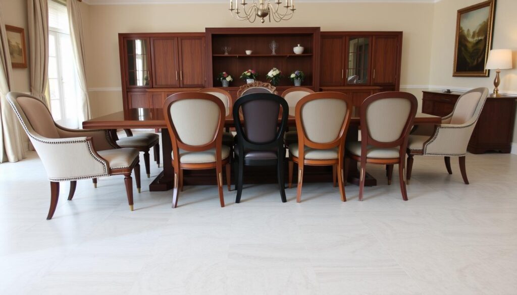 Een ruime eetkamer met een mix van stoelen met en zonder armleuningen rond een grote eettafel Een ruime eetkamer met een mix van stoelen met en zonder armleuningen rond een grote eettafel