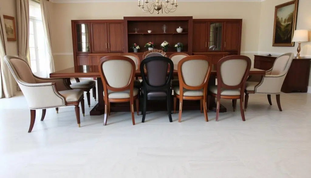 Een ruime eetkamer met een mix van stoelen met en zonder armleuningen rond een grote eettafel Een ruime eetkamer met een mix van stoelen met en zonder armleuningen rond een grote eettafel