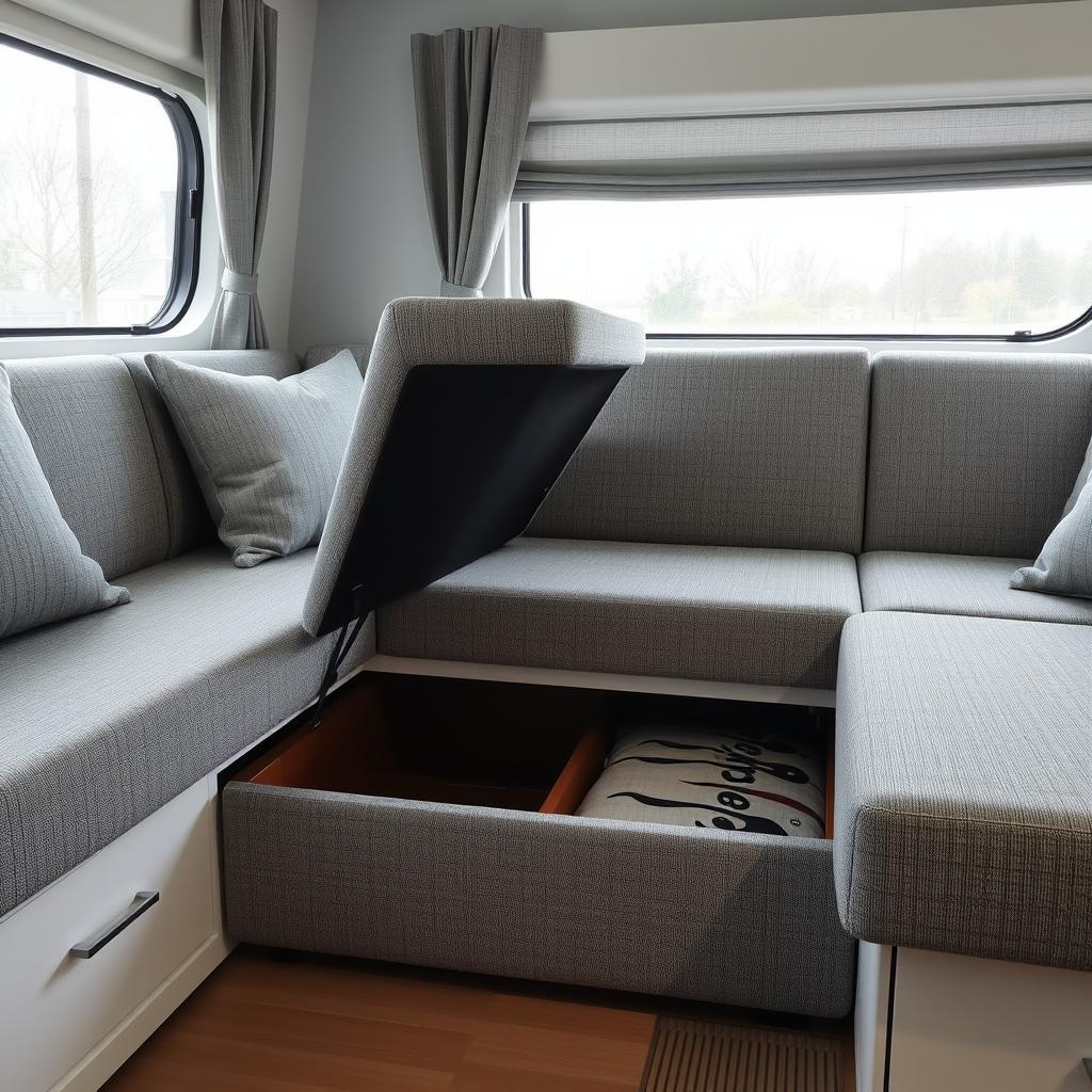 Een sofa met opbergruimte onder de zitting Een sofa met opbergruimte onder de zitting