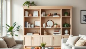 Een stijlvol ingerichte open kast met perfect uitgebalanceerde decoratie-items en boeken