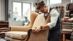 Een stoffeerder bezig met het bekleden van een klassieke fauteuil