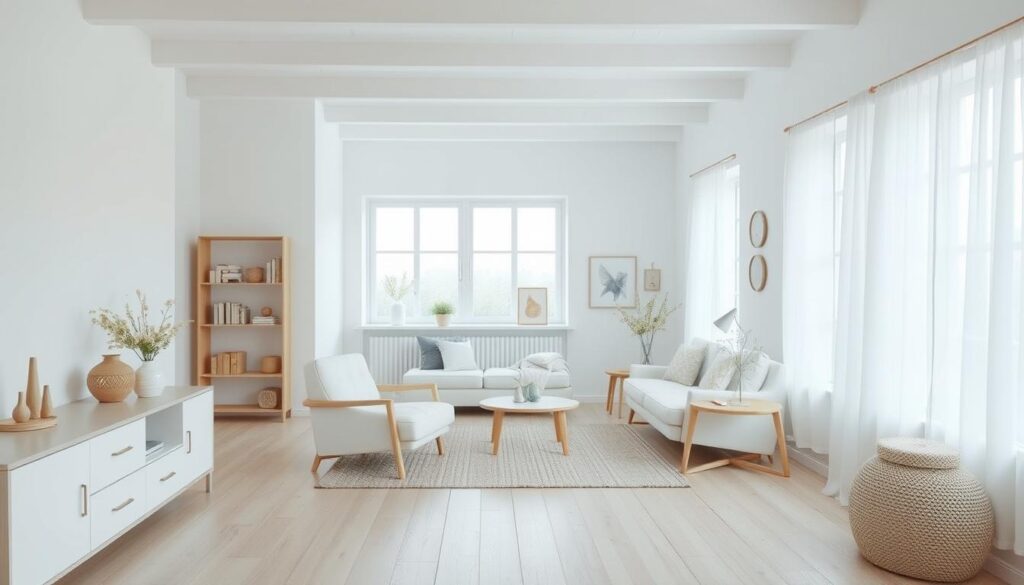 Een typisch Scandinavisch interieur met lichte kleuren, houten meubels en minimalistische decoratie Een typisch Scandinavisch interieur met lichte kleuren, houten meubels en minimalistische decoratie