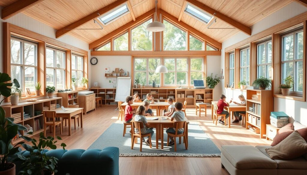 Een typisch Scandinavisch klaslokaal met natuurlijke materialen en een open leeromgeving Een typisch Scandinavisch klaslokaal met natuurlijke materialen en een open leeromgeving