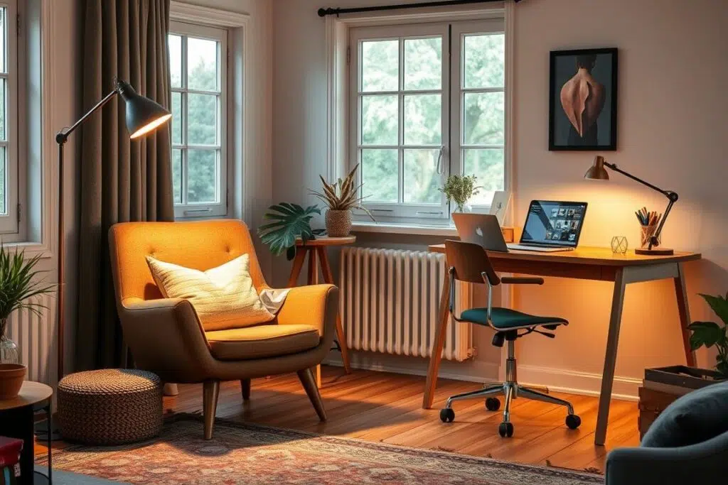 Een woonkamer met twee verschillende stoelen die verschillende functies vervullen - een leeshoek en een werkplek Een woonkamer met twee verschillende stoelen die verschillende functies vervullen - een leeshoek en een werkplek