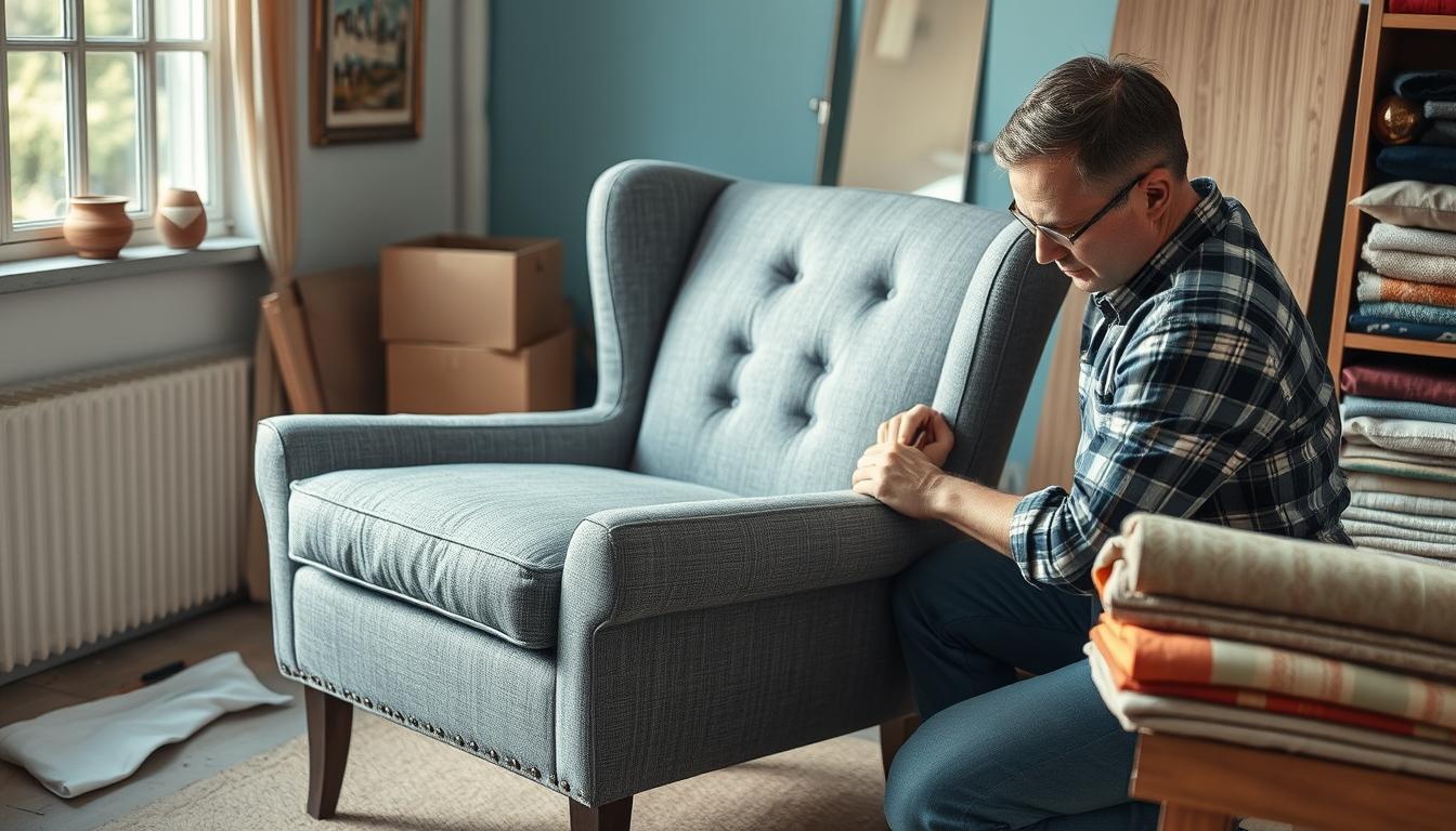 Een woonkamerstoel die opnieuw wordt bekleed door een vakman