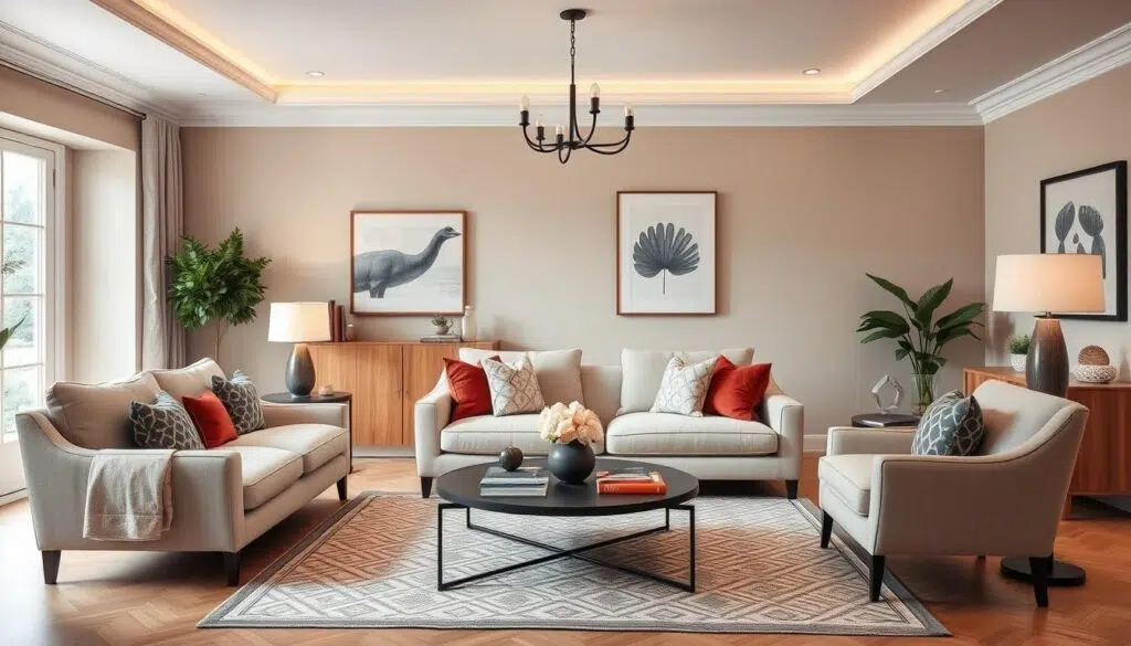 Een woonruimte met een zitsbank die perfect is afgestemd op de rest van het interieur Een woonruimte met een zitsbank die perfect is afgestemd op de rest van het interieur