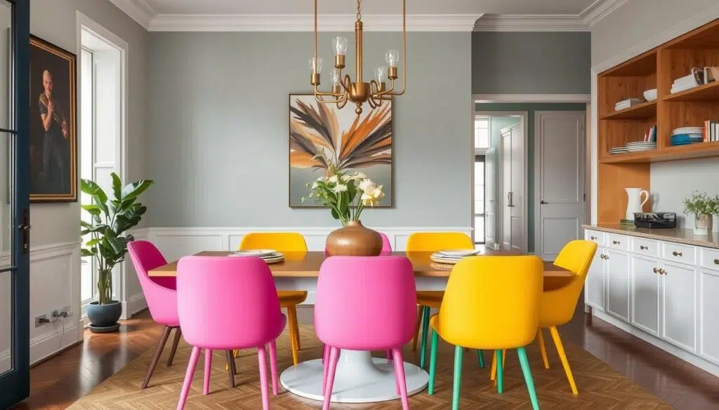 Eethoek met gedurfde kleur eetkamerstoelen die een statement maken in het interieur Eethoek met gedurfde kleur eetkamerstoelen die een statement maken in het interieur