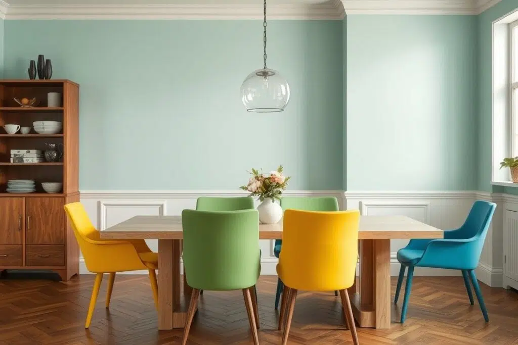 Eethoek met harmonieuze kleurencombinatie van eetkamerstoelen Eethoek met harmonieuze kleurencombinatie van eetkamerstoelen